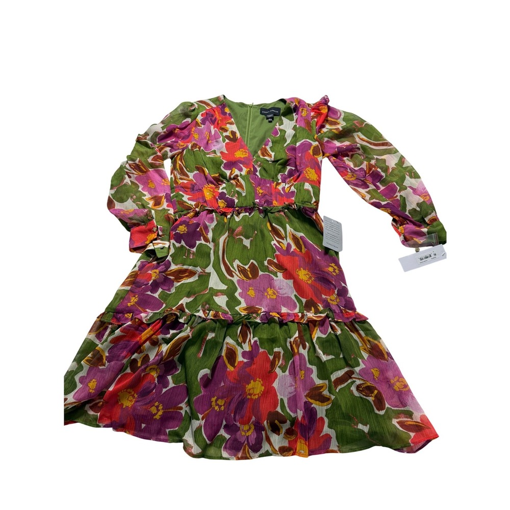 Donna Morgan Floral Chiffon Midi Dress WMs 6 Ivory Pink Green V-Neck NWT